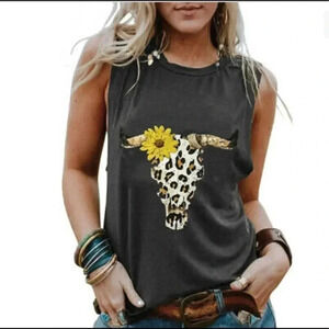 🆕Sunflower Leopard Steer Skull Tank S🆕